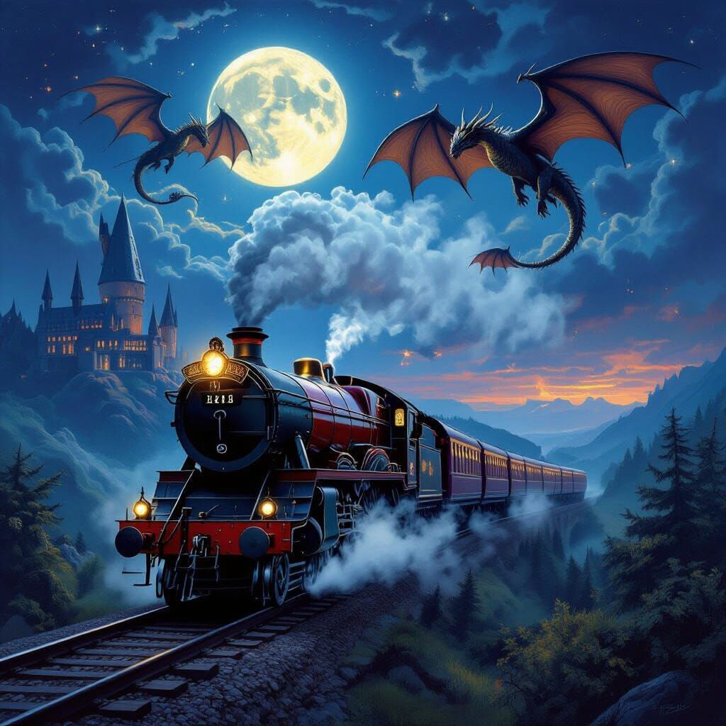 Hogwarts Express and Dragons in Mystical Twilight Landscape