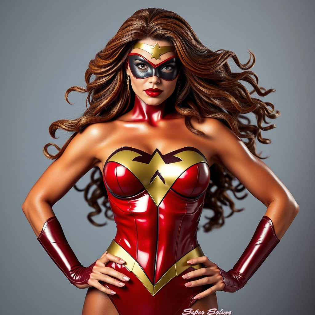 Superwoman Posing with Intricate Latex and Hair