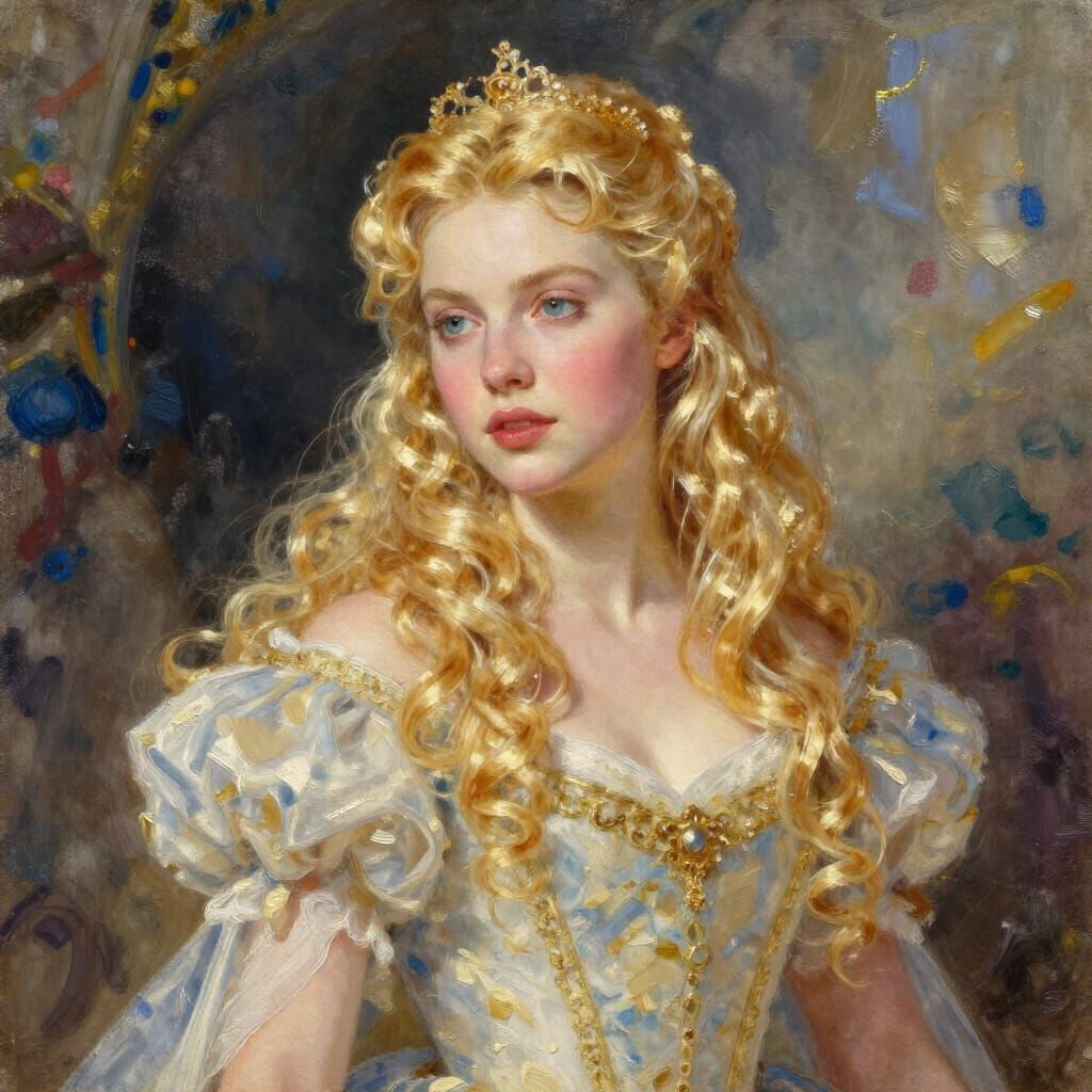 Golden Princess Portrait in Gouache and Watercolor