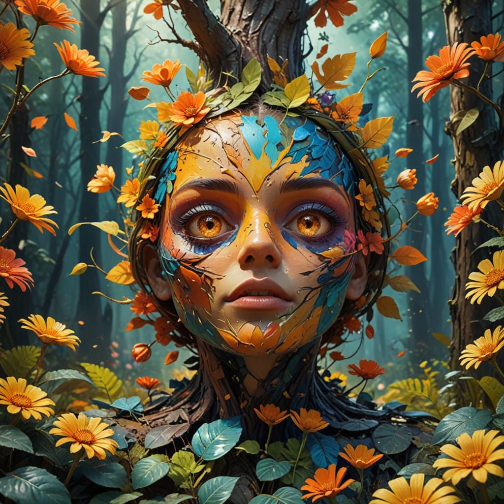 Vibrant Woman in a Whimsical Forest Landscape