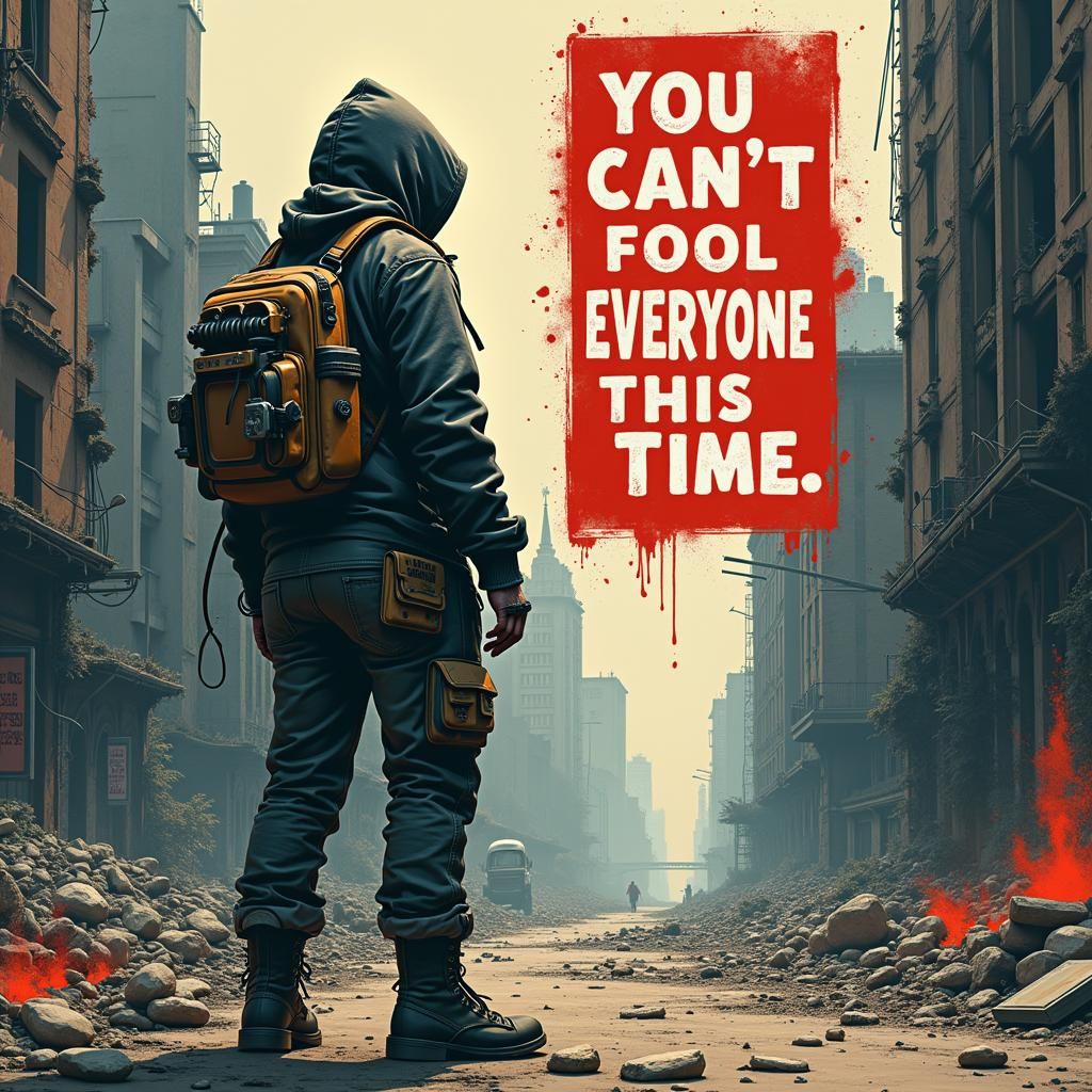 Defiant Figure Stands Against Oppressive Cityscape