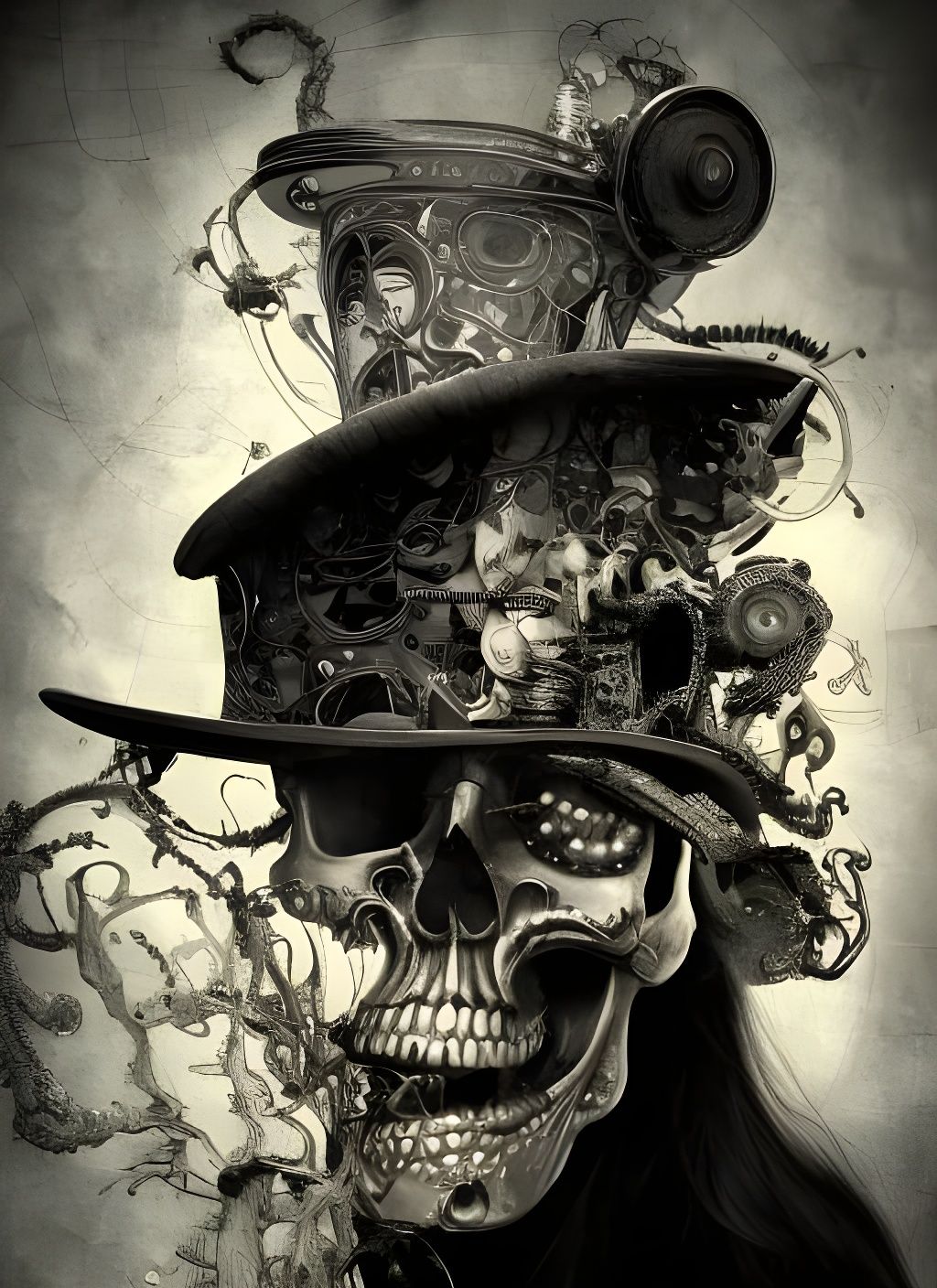Intricate Skull with Top Hat in Sci-Fi Style