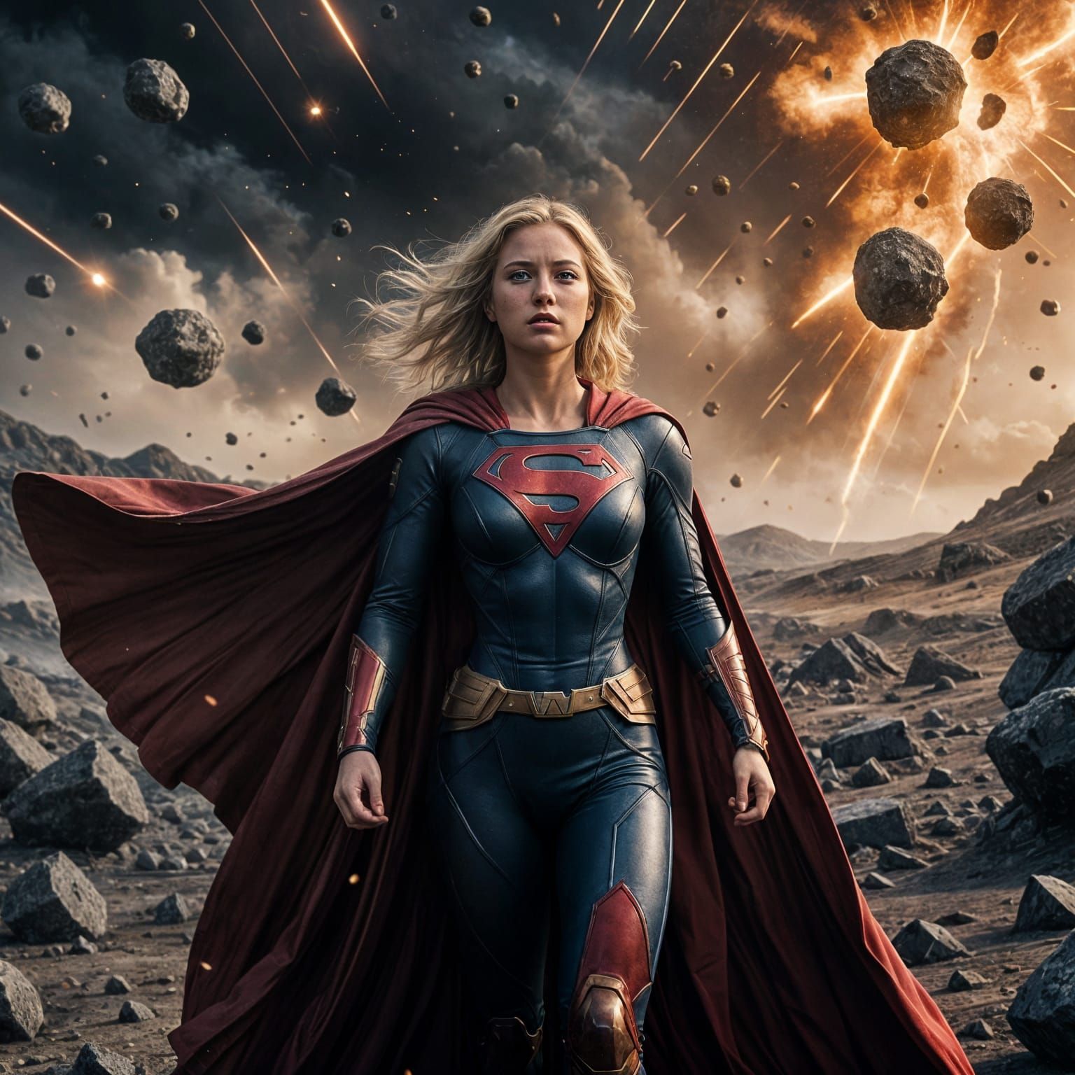 Epic Supergirl Amidst Meteor Swarm in Cinematic Style