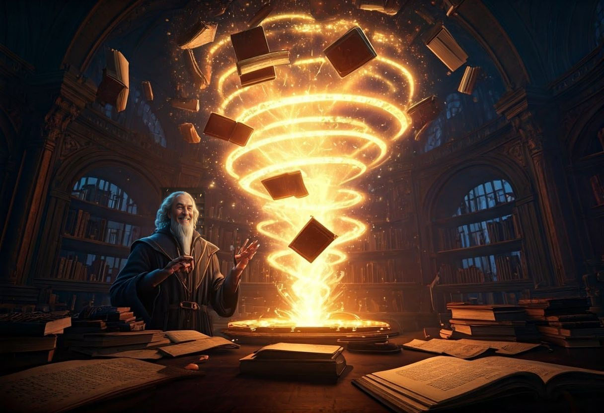 40's Wizard Amidst Magical Tornado of Books and Runes in Enc...