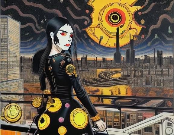 Pensive Girl on Rooftop Deck in Anime Style