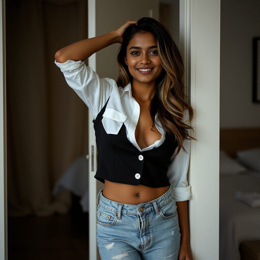 Confident Woman Poses in Softly Lit Interior