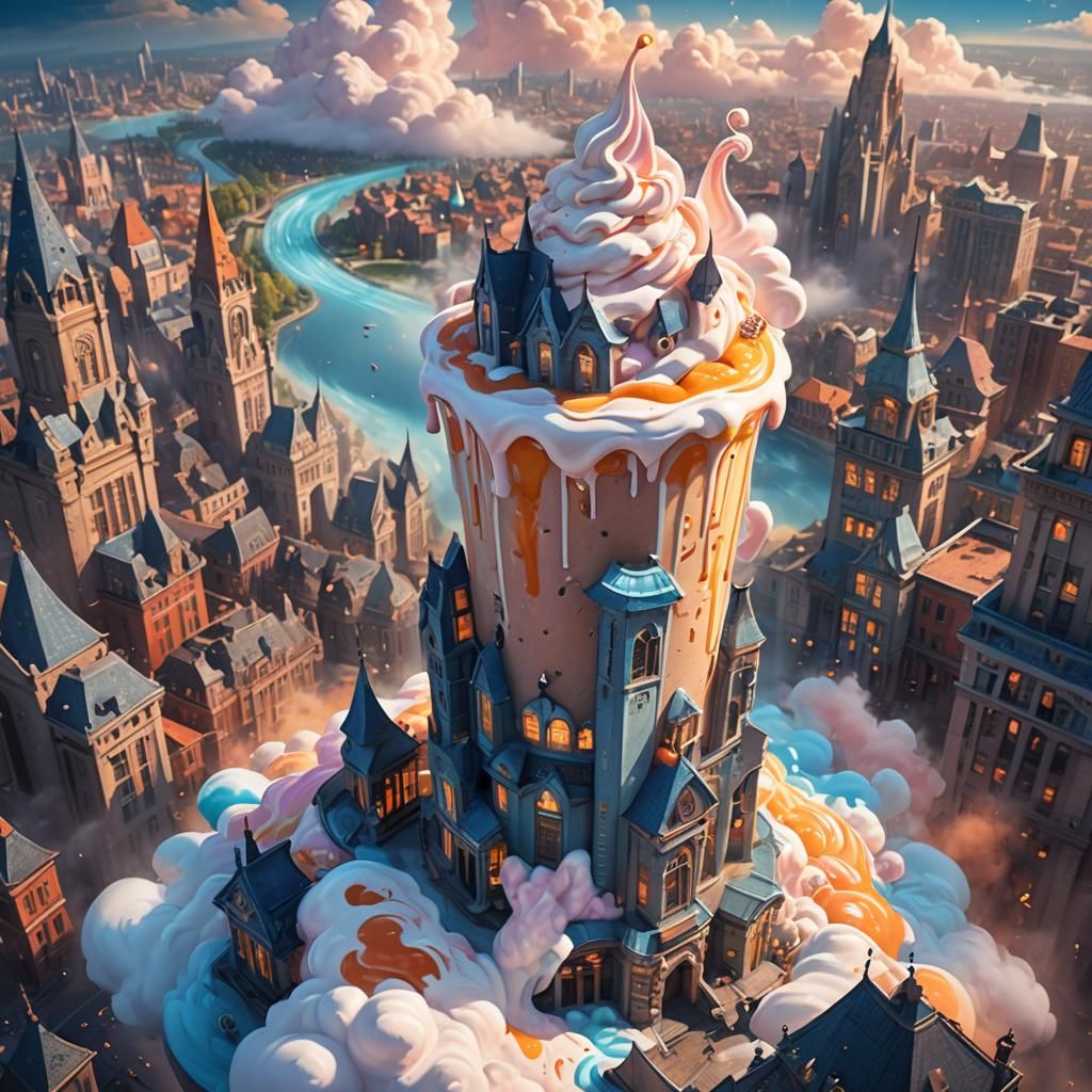 Giant Milkshake Towers over Fantasy City