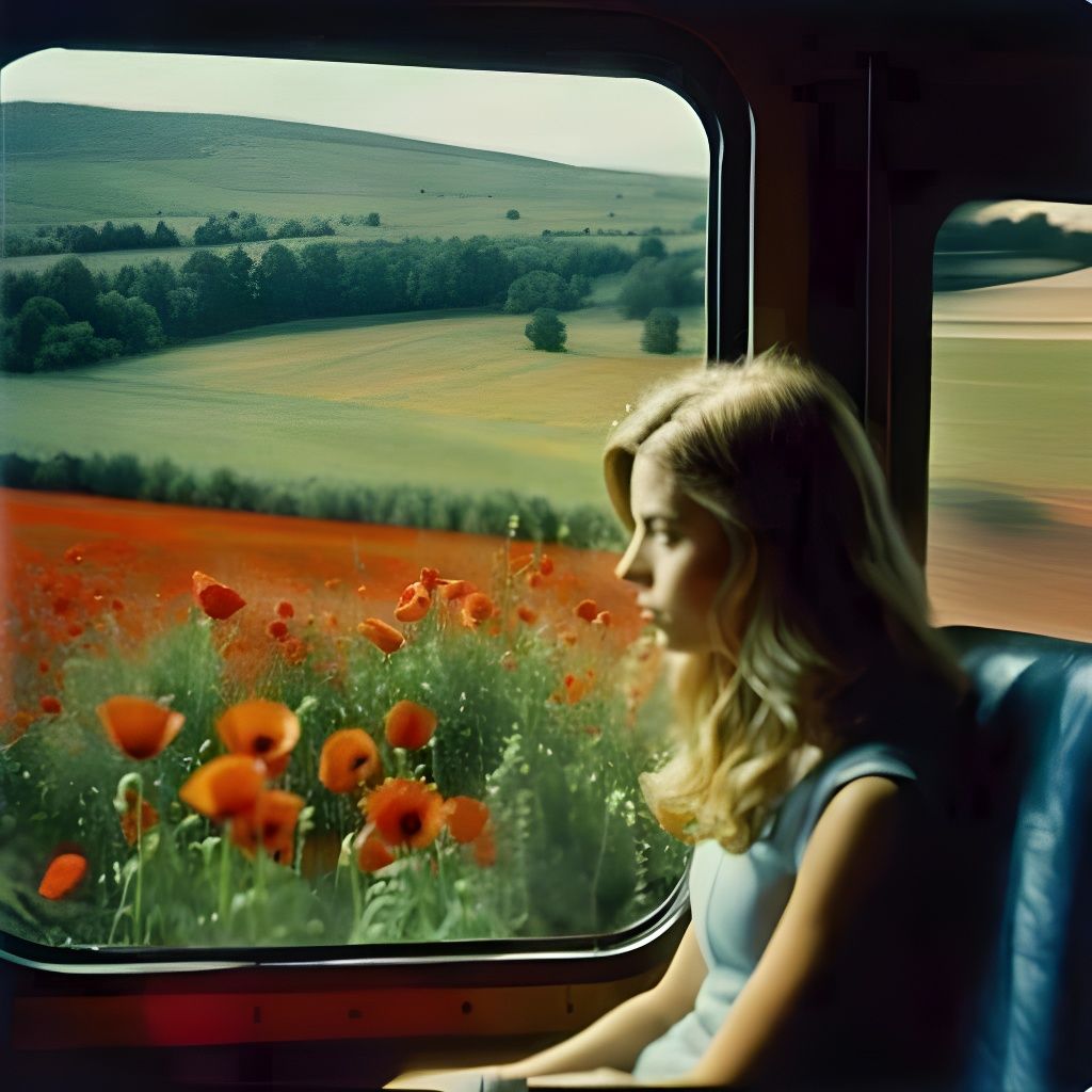 Girl on Train Watching Poppies, Polaroid Style