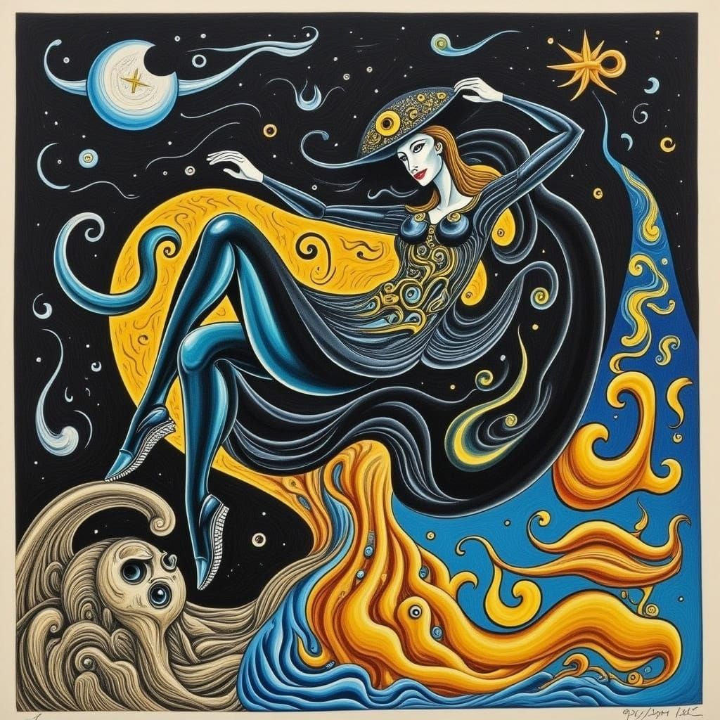 Psychedelic Charcoal Woodcut Print in Fornasetti Style