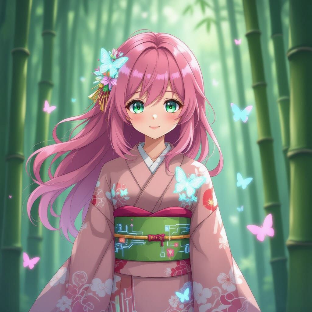 Anime Girl in Futuristic Kimono, Ghibli-Inspired