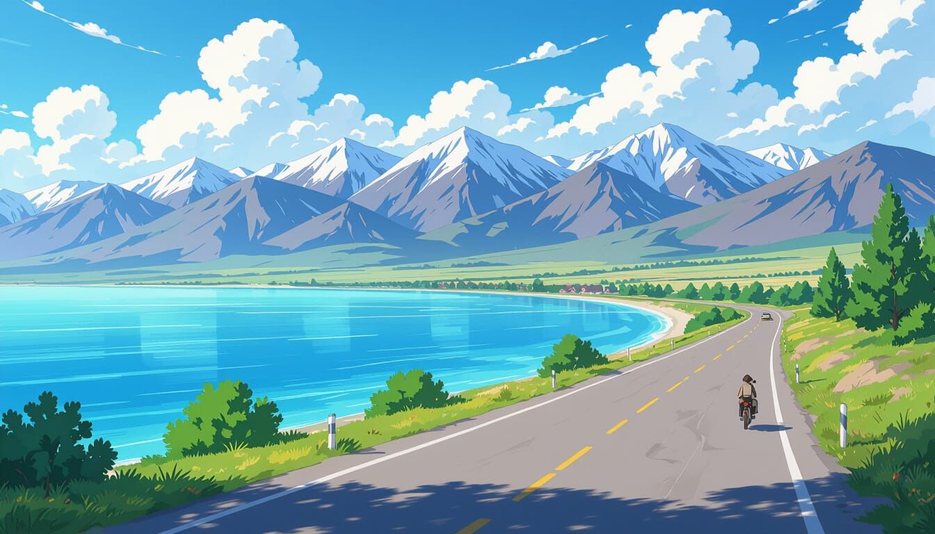 Anime Style Issyk-Kul Lake with Mountains and Road