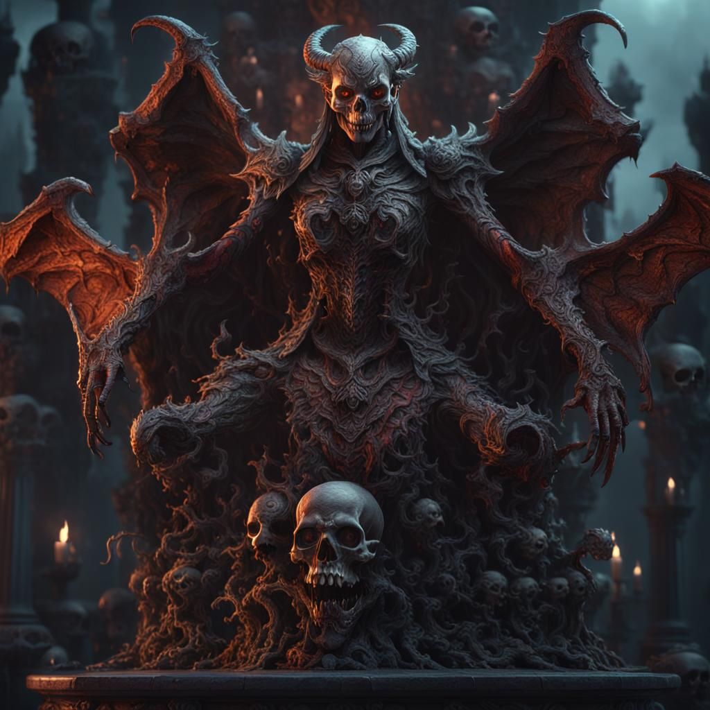 Female Demon on Skull Pedestal: Detailed Matte Painting