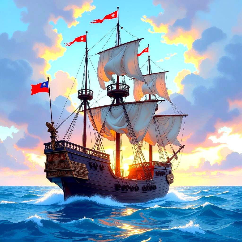 Gothic 16th Century Galleon Watercolor Painting