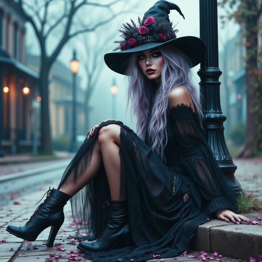Gothic Witch on Street Curb in Watercolor Style