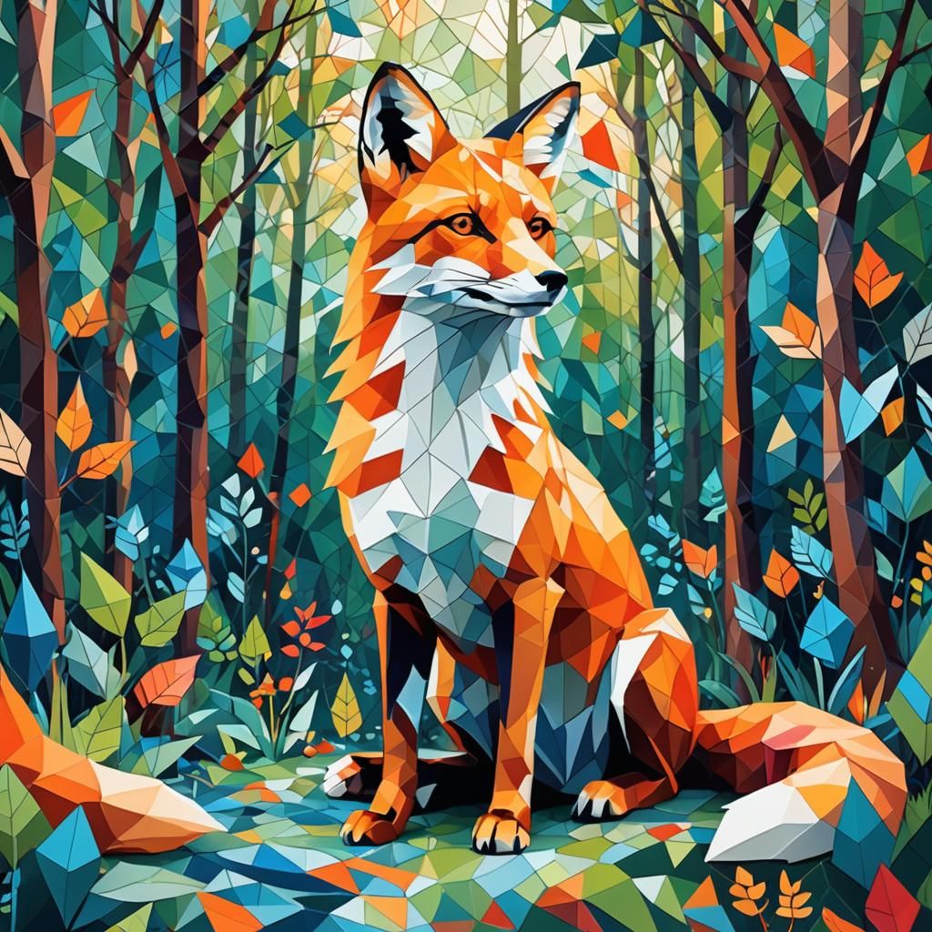 Fox Sitting in a Colorful Abstract Forest