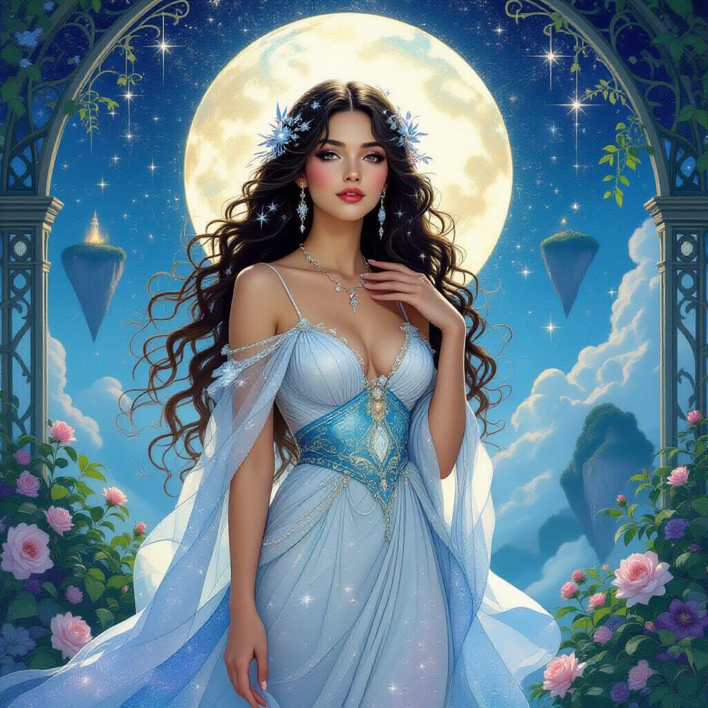 Celestial Goddess in Floating Garden, Art Nouveau Style