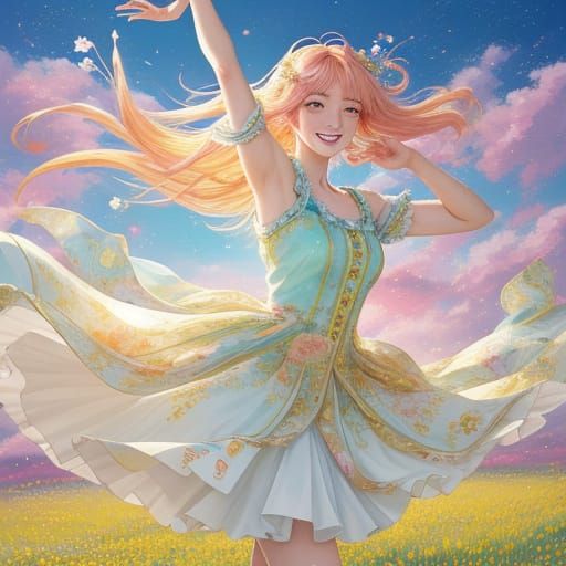 Joyful Anime Girl Dancing in Sunlit Meadow