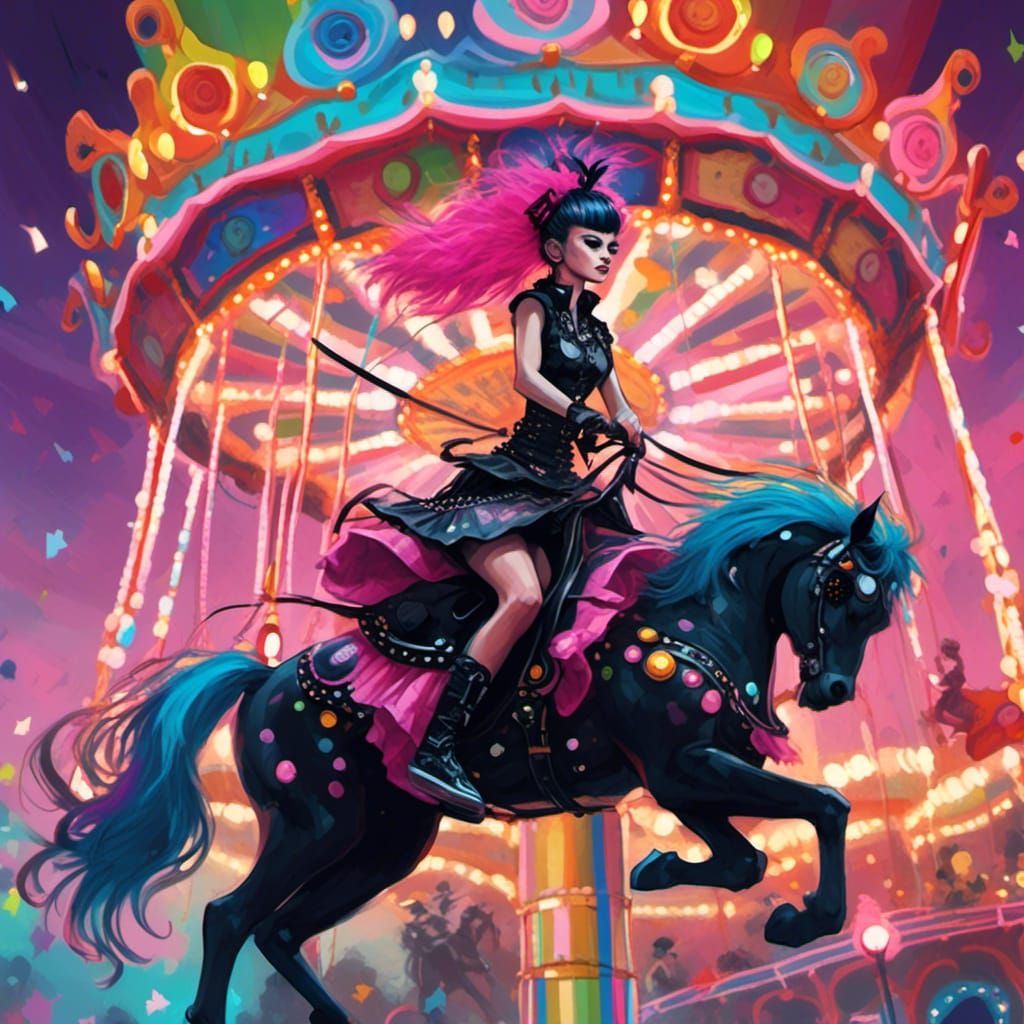 Punk Rock Girl Rides a Rainbow Carousel Horse