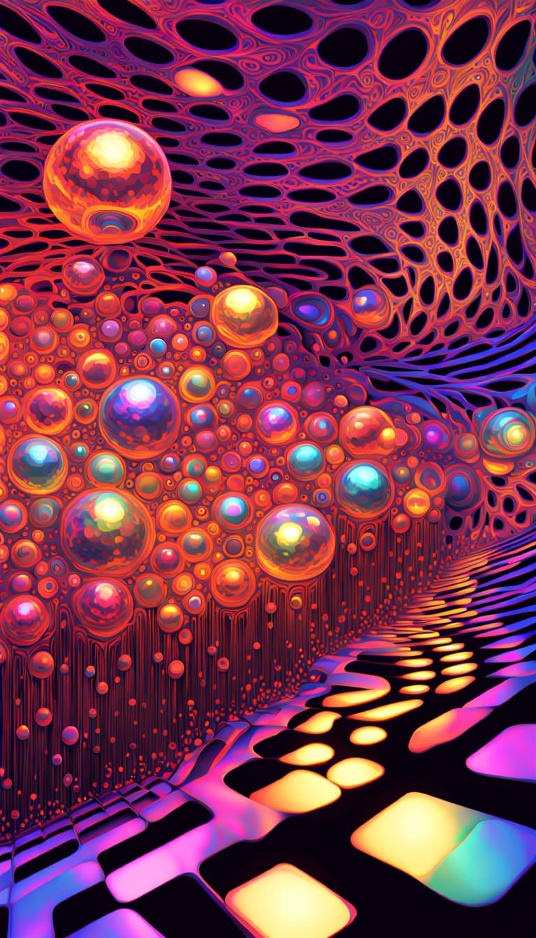 Surreal Landscape of Shifting Geometric Patterns and Orbs