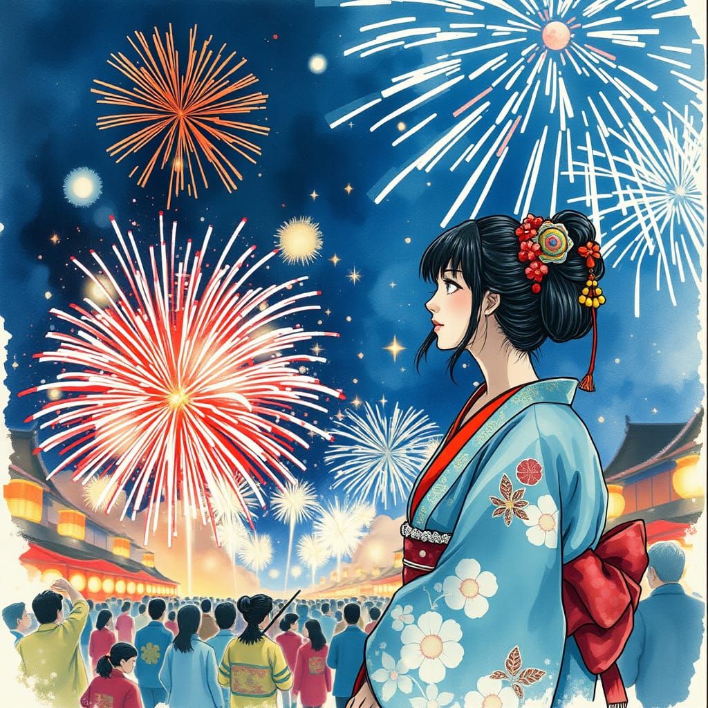 Japanese Fireworks Festival in Ukiyo-e Style