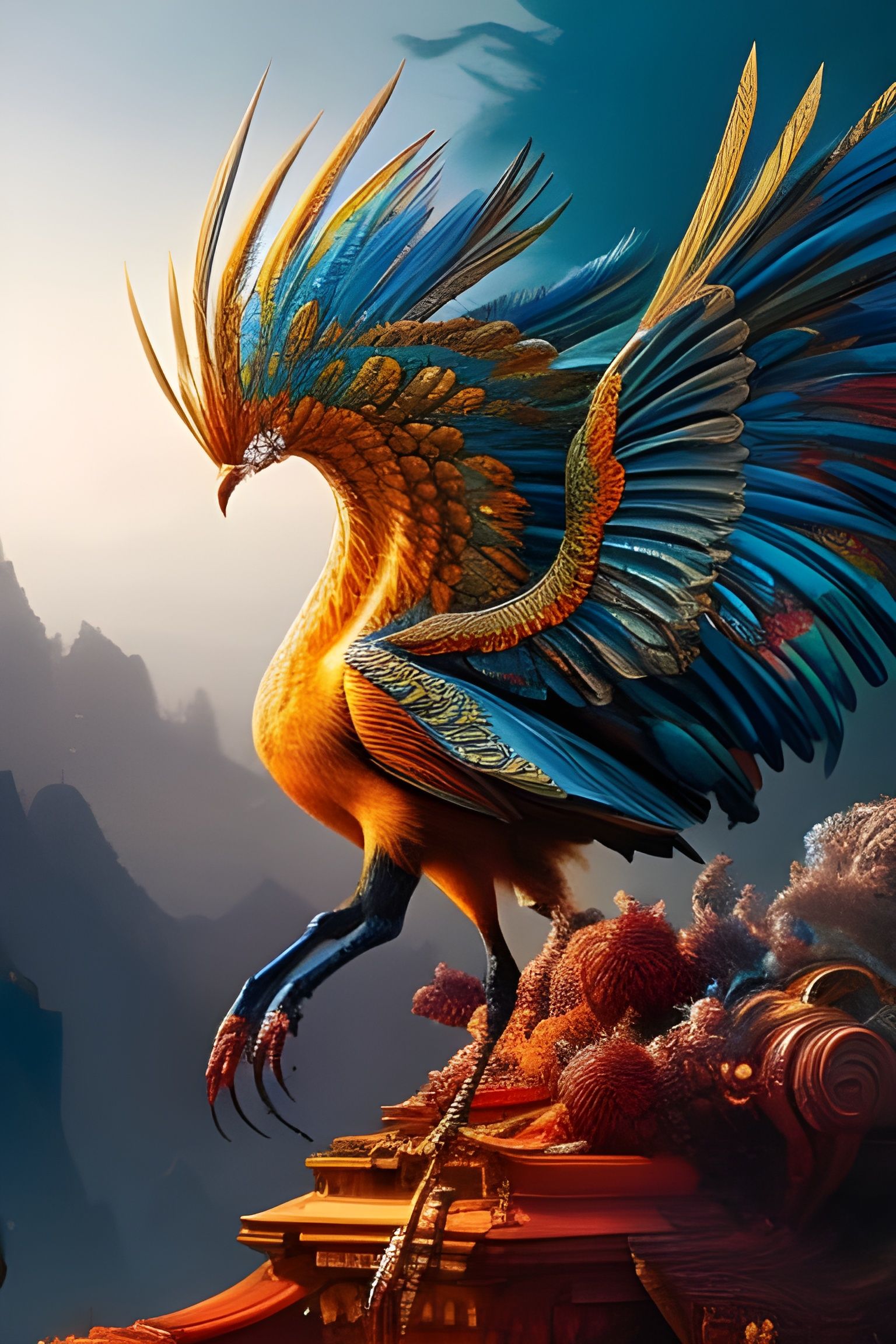 Majestic Armored Rooster in Hyperdetailed Gouache Illustrati...