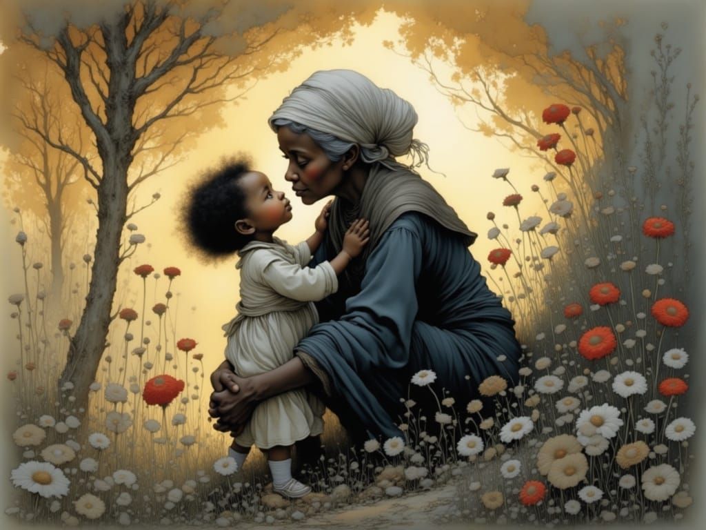 A Black Grandmother Comforts Her Adorable Toddler Grandchild...