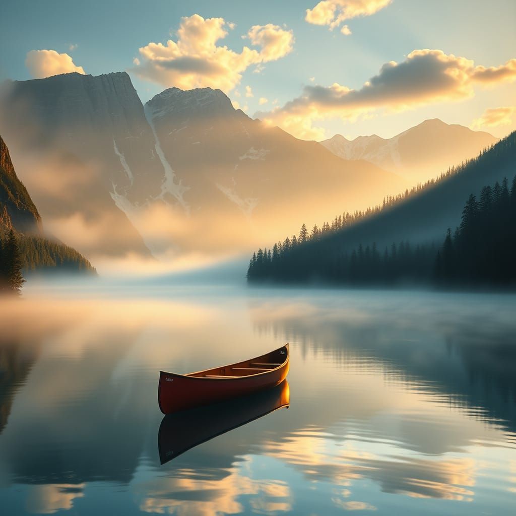 Misty Lake Canoe at Dawn: Photorealistic Splash Art