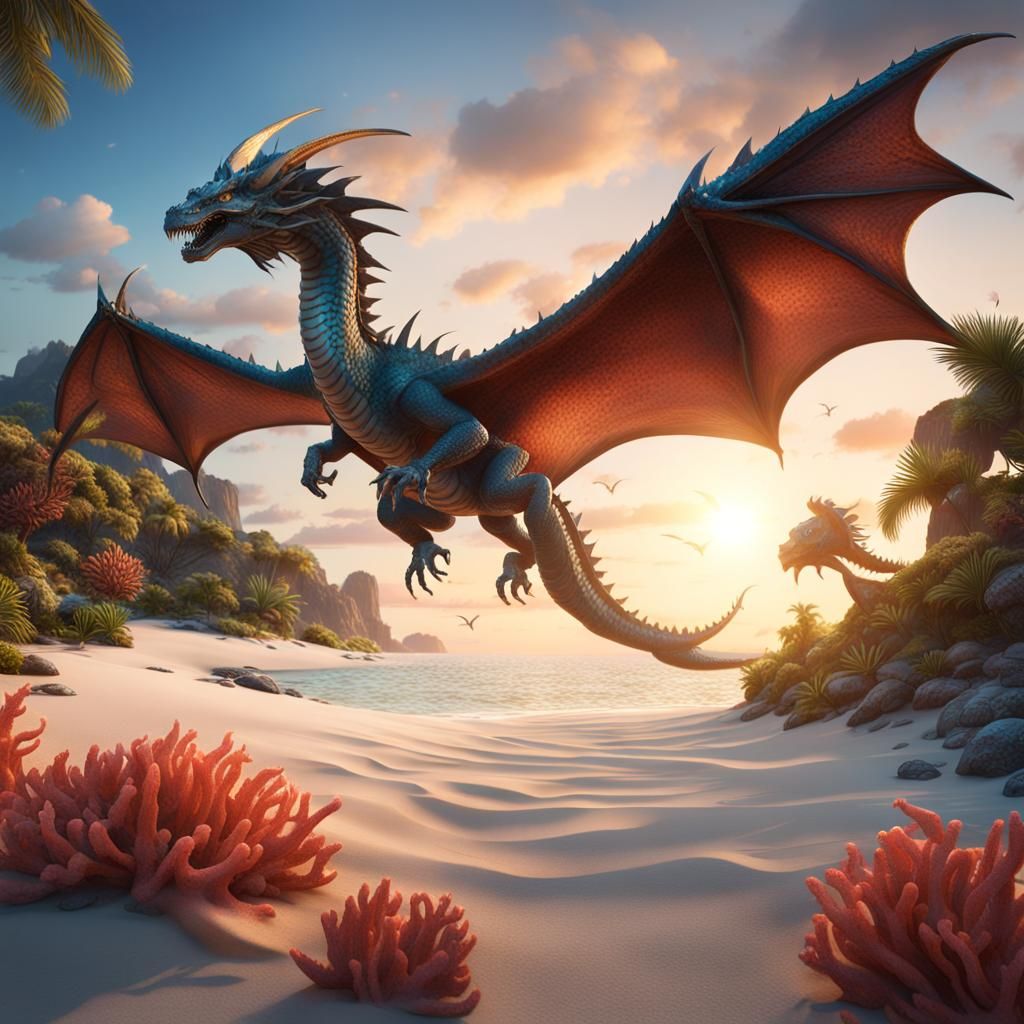 Dragon Soaring Over Coral Reef: Fantasy Art