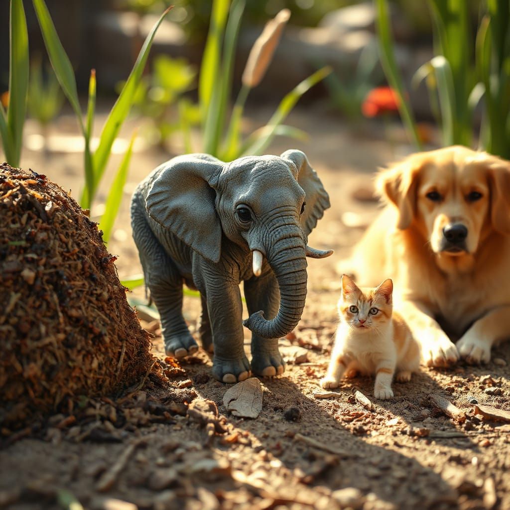 Miniature Elephant and Friends in Hyperdetailed Realism