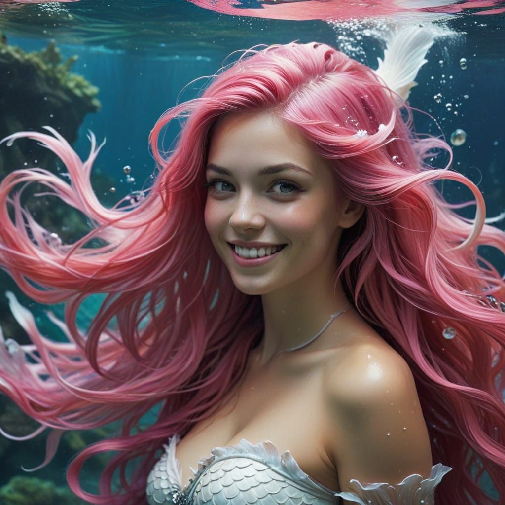 Enchanted Mermaid in Pink and White, Lost in Underwater Fant...