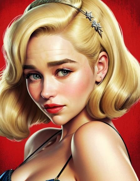 in close-up blonde Emilia Clarke is a girl / Full-length view / 50s aesthetic. 50s style hairstyle / illustration style
