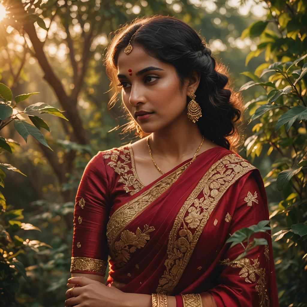 Golden Hour Portrait of Woman in Red Saree
