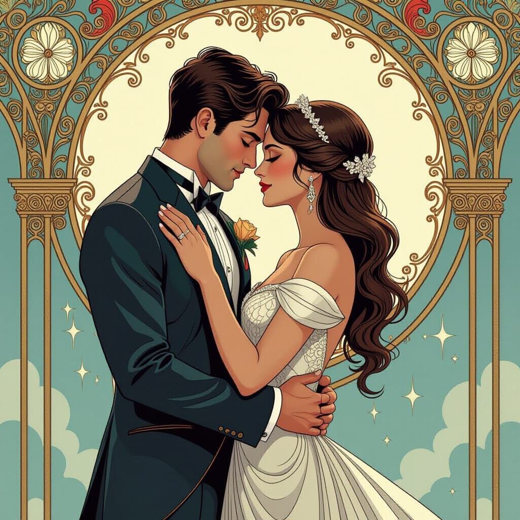 Elegant Couple Embrace in Dreamlike Setting