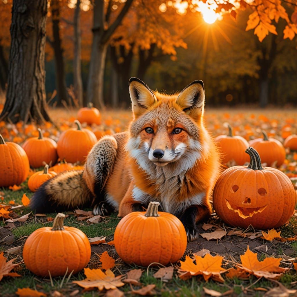 Fox Relaxing by Pumpkin in Autumn Sunset