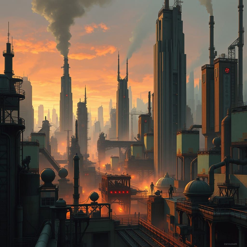 Dystopian Metropolis in Warm, Muted Tones with Wet Brush Tex...