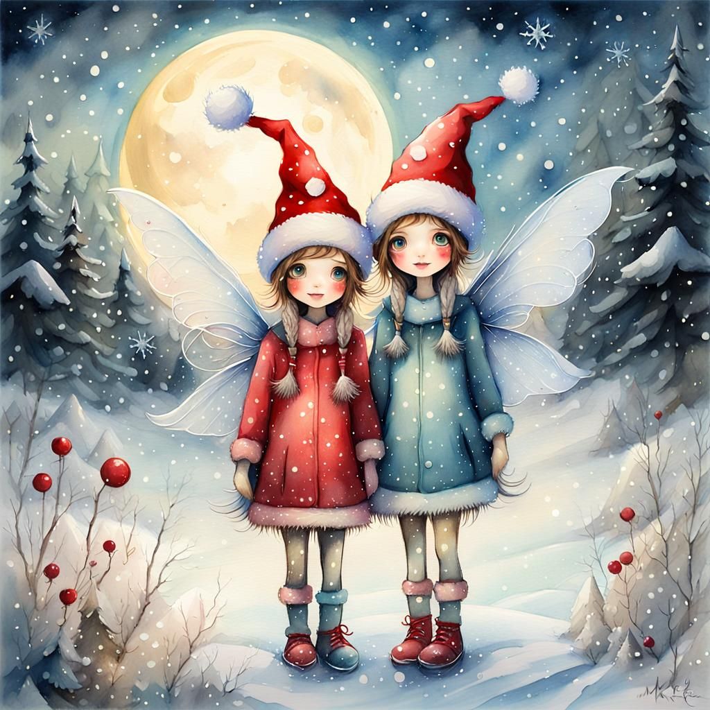 Fairies in Santa Hats in Watercolour Style