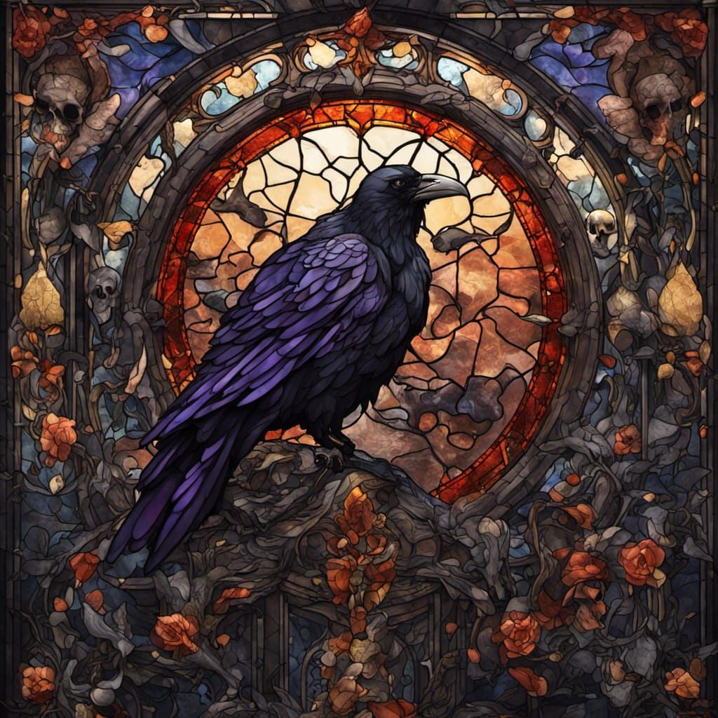 Ravens and Skulls in Stained Glass Window