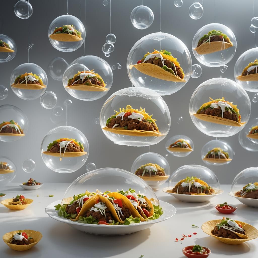 Surreal Floating Tacos in Transparent Bubbles