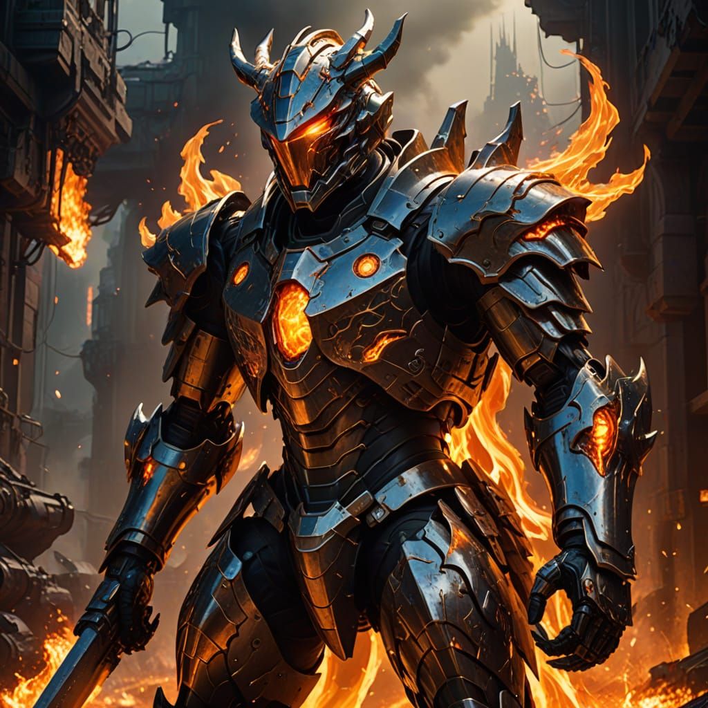Cyberpunk Sci-Fi Knight Stands Amidst Blazing Inferno