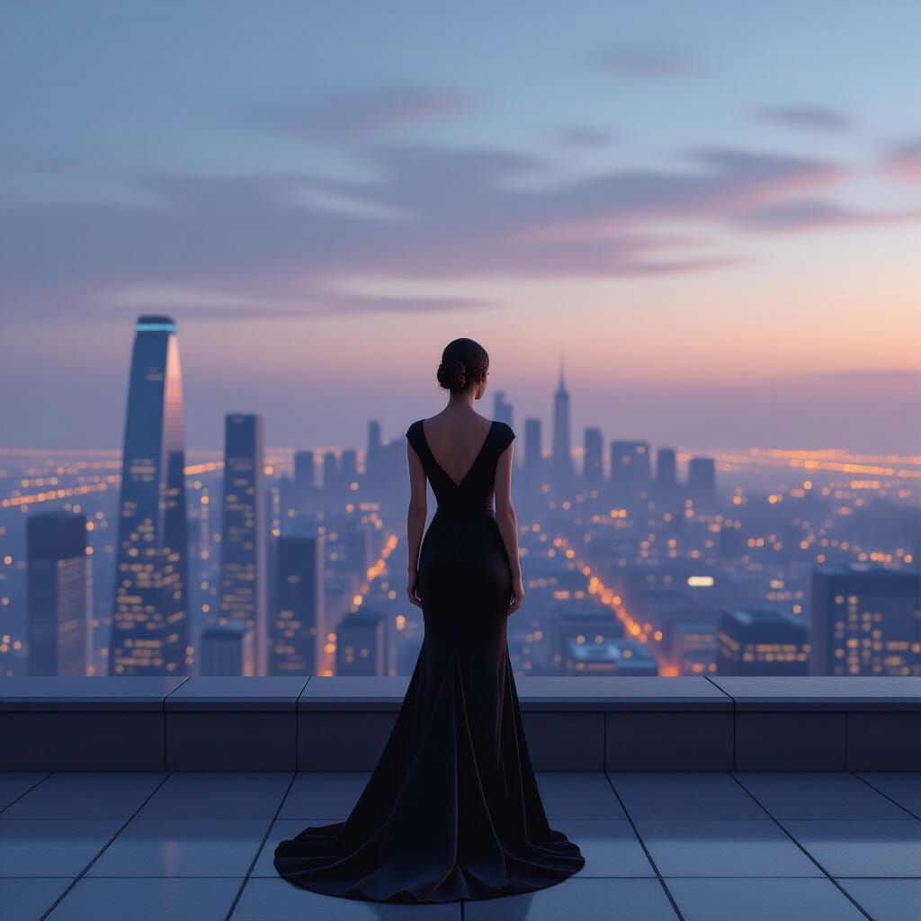 Woman on Rooftop Overlooking Geometric Cityscape at Dusk