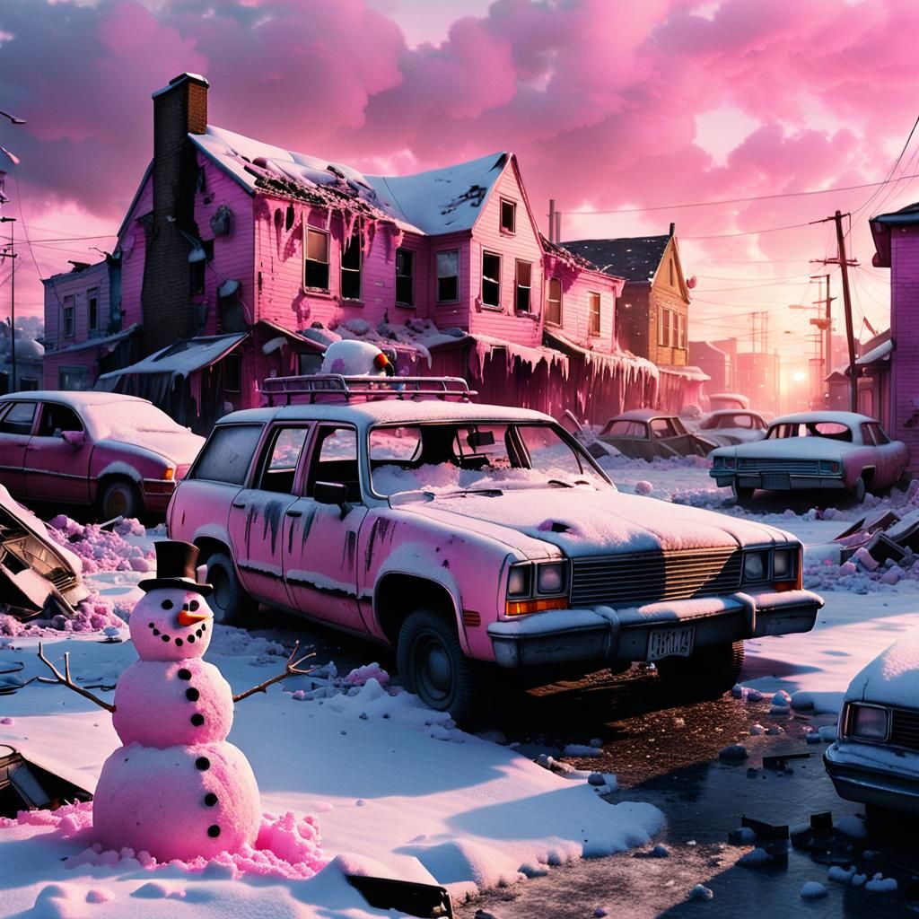 Post-Apocalyptic Punk Snowman Amidst Wreckage