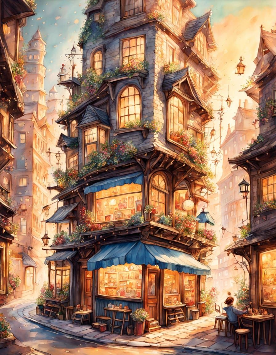 Whimsical Town in Seashell: Watercolor Fantasy Art