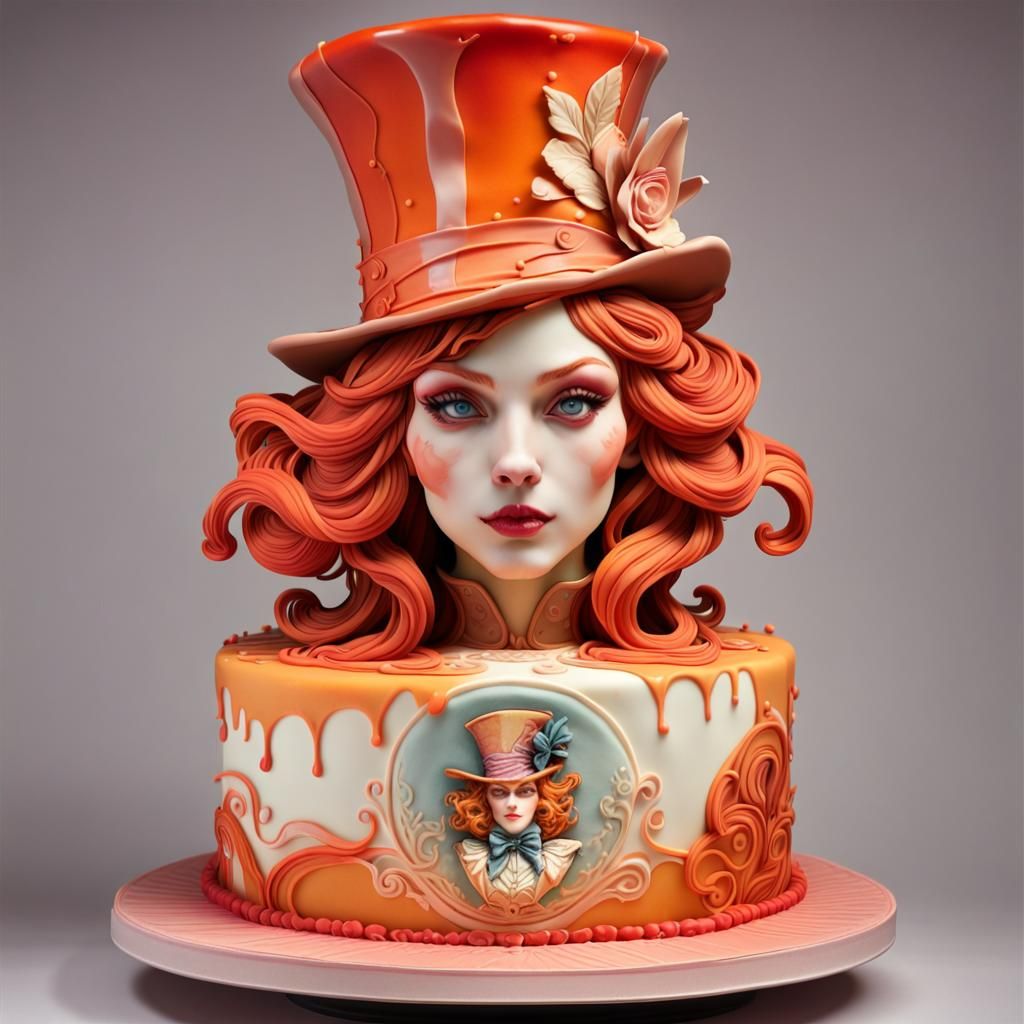 three-layered cake with a woman's face on top of it, confect...
