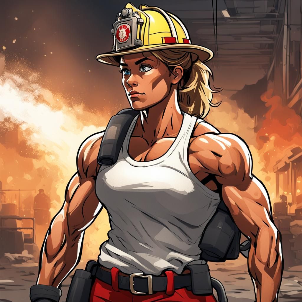 Muscular Firefighter Lady in Firehouse