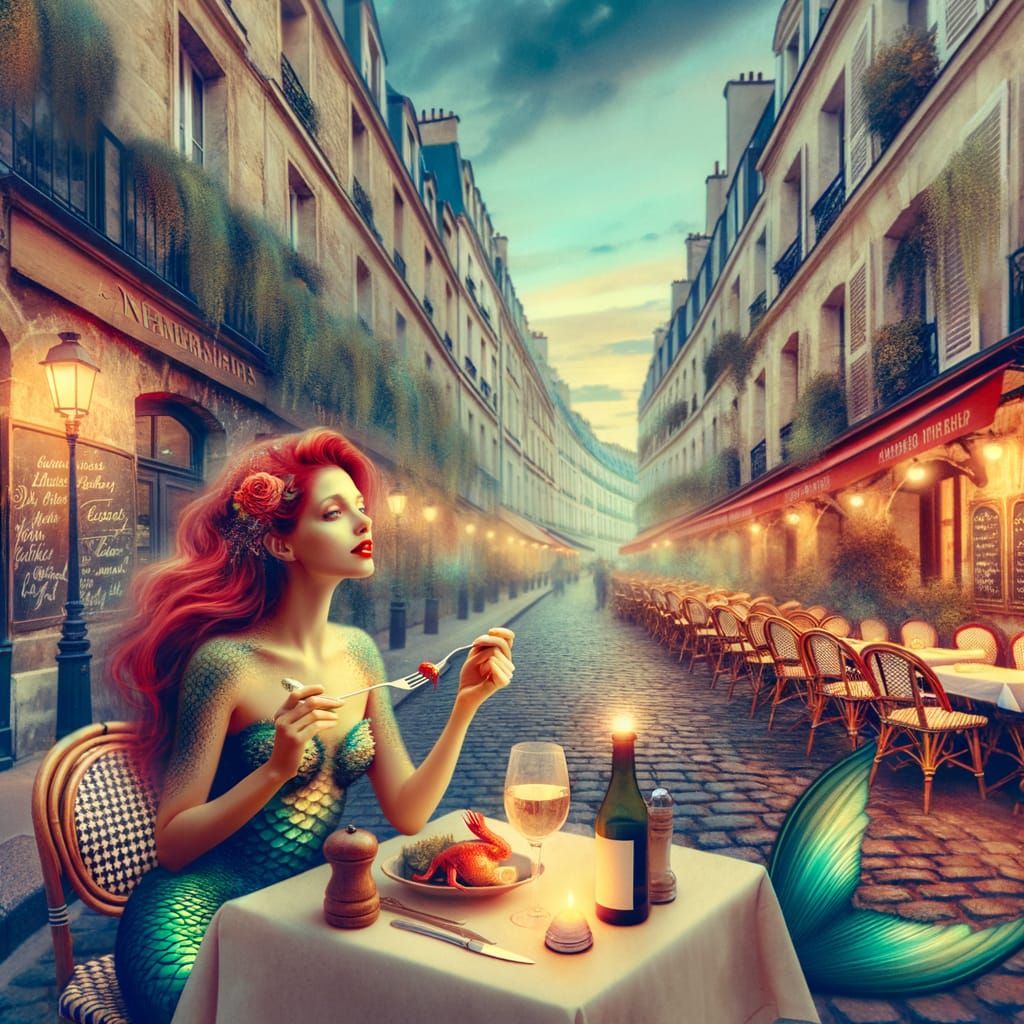 Vibrant Mermaid Savoring Parisian Cuisine in Impressive Digi...