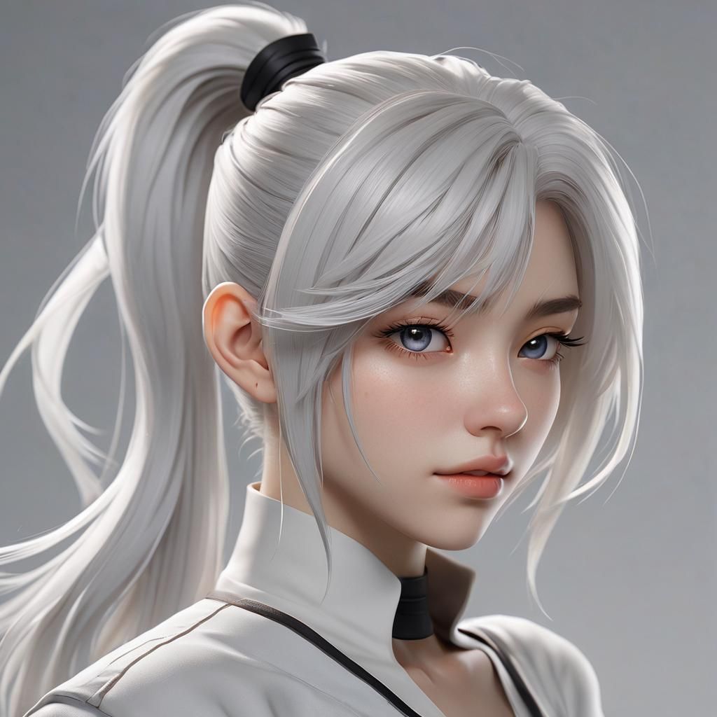 Anime Girl with White Hair in 3D Art