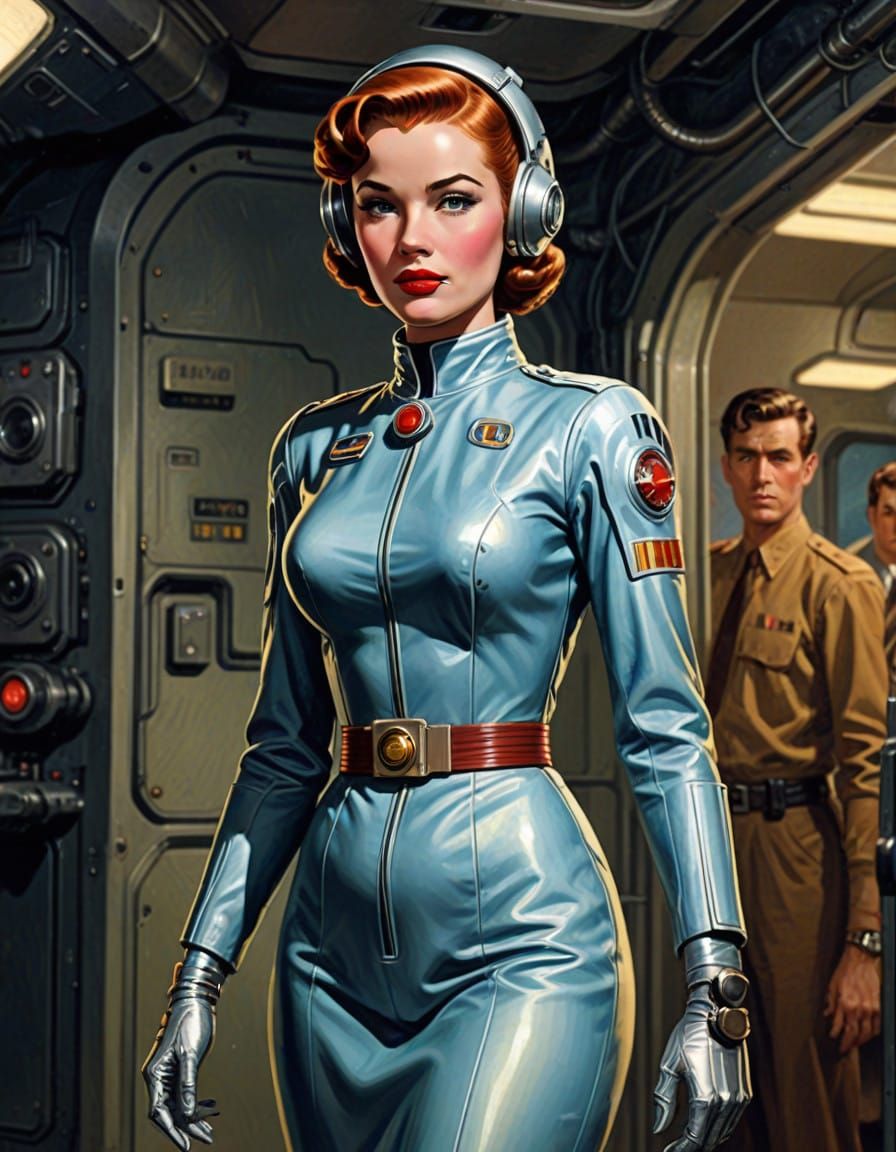 Glamorous 1950s Android Woman in Pulp Sci-Fi