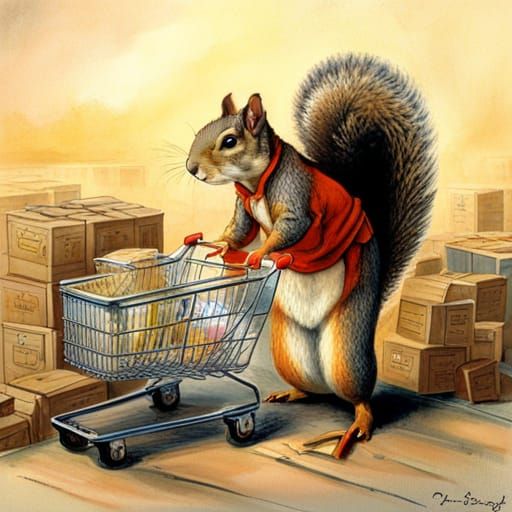 Squirrel Stacks Shopping Carts: Book Illustration Style