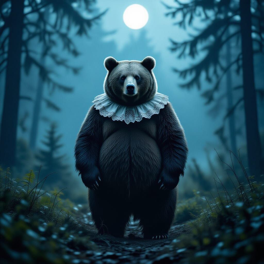 Obese Bear in Misty Forest, Vintage Eerie Portrait