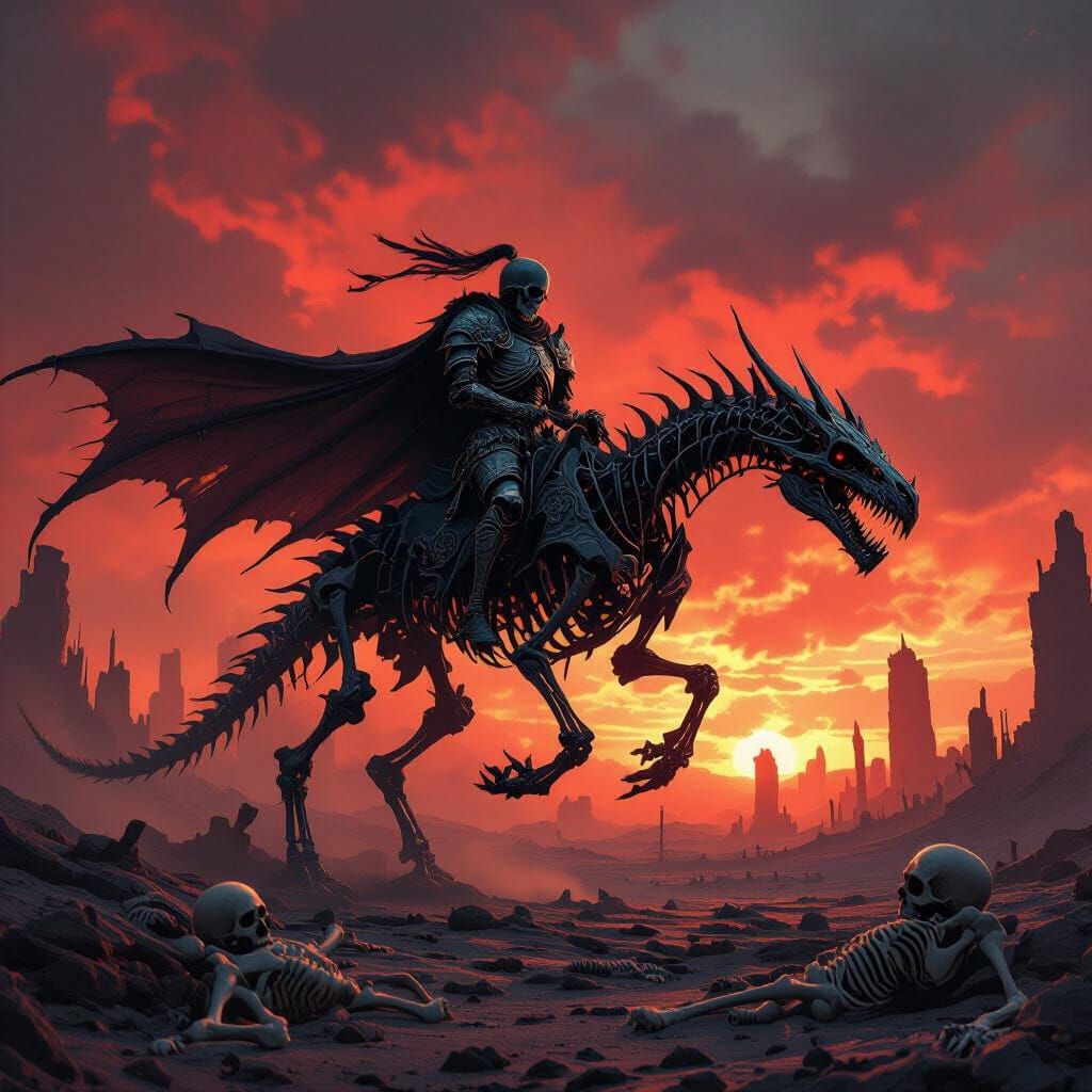 Skeleton Knight Rides Dragon Through Wasteland in Dark Fanta...